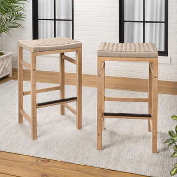 Armand 30" Modern Coastal Backless Acacia Wood Outdoor Bar Stool with Woven Rope Seat